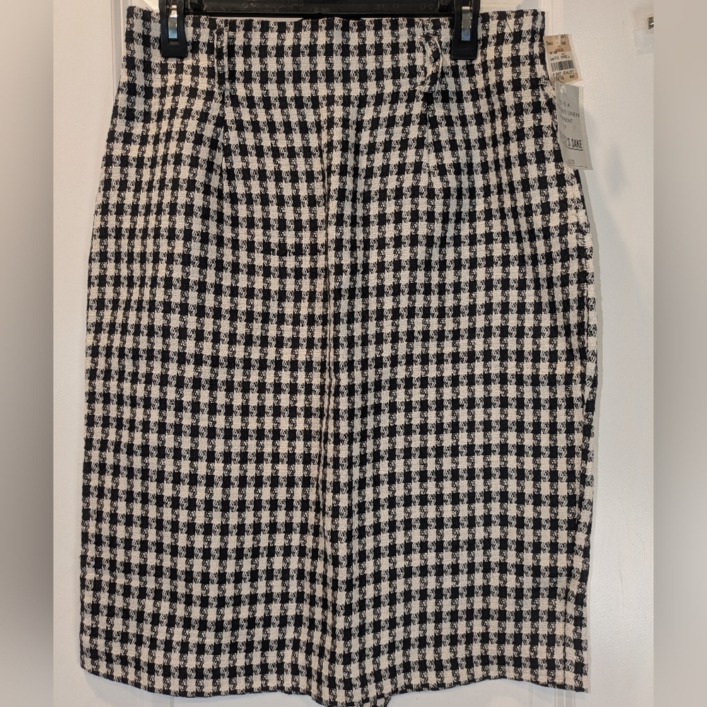 NWT For Pete’s Sake Linen Blend Midi Skirt Size 14 Black White Gingham Back Zip
